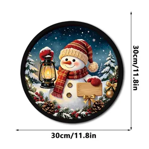Christmas snowman hanging sign with LED lights, 30cm round decorative wall plaque for holiday.
