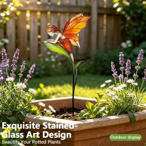 Metal Flower Fairy Plant Stake Decorative Garden Art Stained Glass Style Yard Lawn Potted Plant Ornament