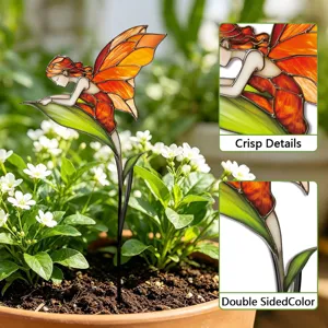 Stained glass fairy garden stake metal plant insert for outdoor yard and potted decoration.