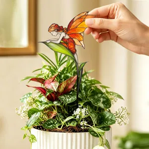 Metal fairy garden stake for potted plants, beautiful stained glass outdoor yard decoration.