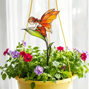 Stained glass fairy plant stake metal garden decoration for outdoor flower pot yard decor