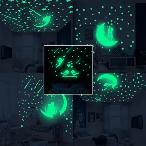 Stickers Muraux Lune Chat Couple Étoiles Brille dans le Noir Lumineux Fluorescent PVC DIY Décoration de Chambre d'Enfant