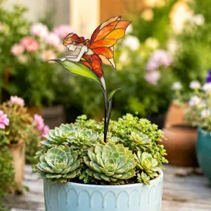 Stained glass fairy garden stake metal plant insert for potted succulents and outdoor yard decor.
