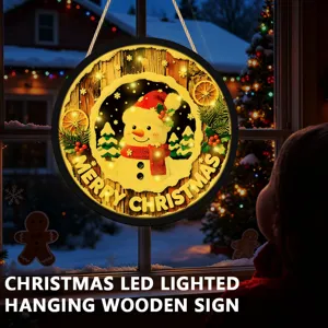 Christmas LED lighted wooden hanging sign with snowman design for holiday home decor.