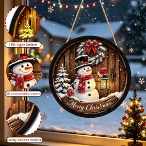 Christmas LED wooden hanging sign with snowman pattern for window holiday home decor.
