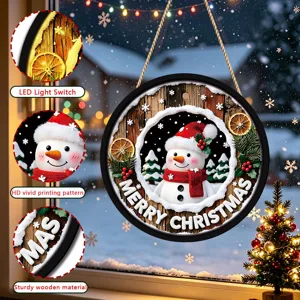 Christmas wooden hanging sign with warm LED lights glowing snowman window decoration