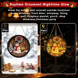 Christmas LED lighted hanging sign wooden round snowman plaque for holiday home decor.