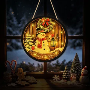 Christmas LED glowing hanging sign detail view, warm light window pendant holiday decoration.