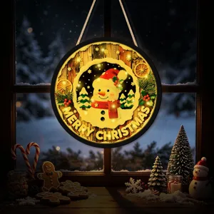Detailed view of LED glowing Christmas hanging sign, festive window decoration and ornament.