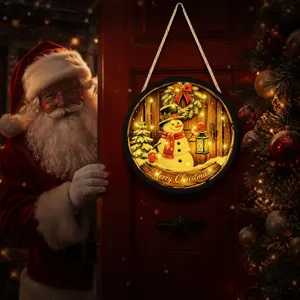 Christmas hanging sign with LED lights, glowing holiday decoration for windows, doors and home.