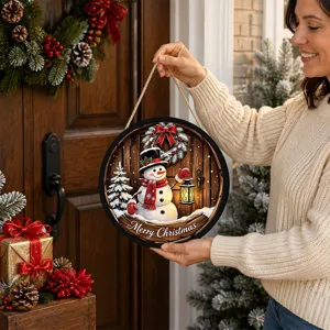 Christmas LED hanging sign with snowman design, festive door decor and glowing light effect.