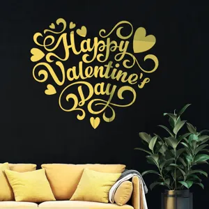 Valentijnsdag acryl spiegel muursticker detailweergave, gouden DIY decoratie thuis.