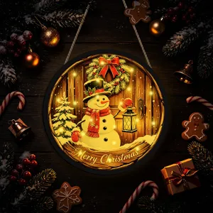 LED lighted Christmas hanging sign, festive window decor with cute snowman and warm lights.