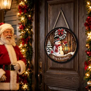 Christmas lighted wooden hanging sign with snowman design, perfect for holiday door and window decor.