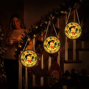 Christmas LED hanging sign wooden pendant holiday window decoration light up snowman ornament