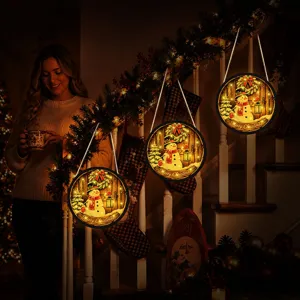 Christmas glowing hanging sign LED lighted ornament window decoration with snowman pattern