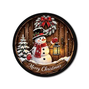 Round Christmas hanging sign with snowman and LED light festive decoration for holiday window party.