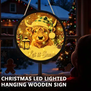 Christmas LED lighted hanging wooden sign with cute Highland cow design for holiday decor.