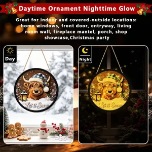 Christmas light-up hanging sign showing day and night glow effects with a cute highland cow design.