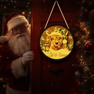 Christmas glowing hanging sign with Highland cow pattern, perfect for festive home decor.