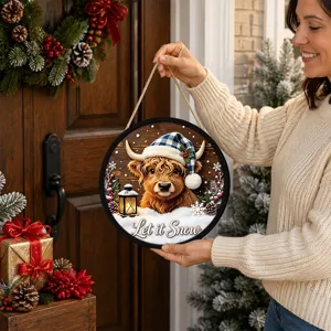 Christmas wooden hanging sign with cute highland cow design, festive LED holiday decor.