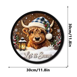 Christmas Highland Cow LED Hanging Sign Holiday Wooden Decor 30cm Winter Wall Ornament