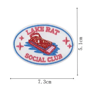 Embroidered patch with Lake Rat Social Club design, oval shape, size 7.3x5.1cm, DIY accessory.