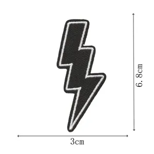 Black white lightning bolt embroidered patch detail view showing dimensions 3x6.8cm.