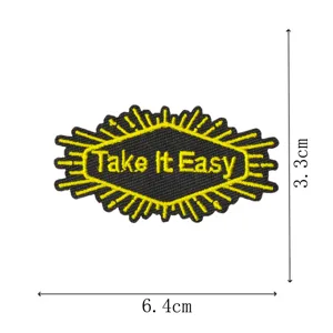 Embroidered patch with Take It Easy text and diamond lightning design, size 6.4x3.3cm.