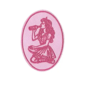 Pink oval embroidered patch featuring vintage pinup girl design iron on clothing badge appliques