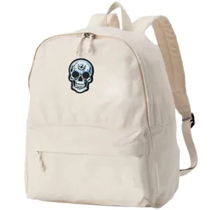 Sac à dos en toile blanche avec un patch brodé de tête de mort style punk pour un usage quotidien.