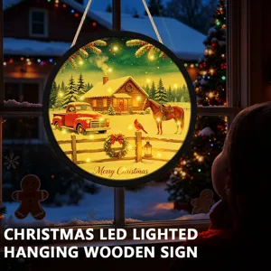 Christmas LED lighted hanging wooden sign detail, cozy window view with warm holiday lights.
