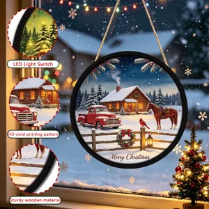 Detailed view of Christmas wooden hanging sign with LED lights and vivid winter truck print.