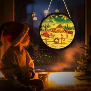 Christmas glowing hanging sign LED light window decor with vintage cabin and red truck design.