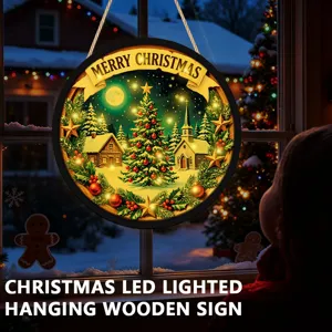 Christmas LED lighted hanging wooden sign festival window decoration glowing holiday plaque