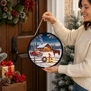 Christmas hanging wooden sign with winter cabin truck design, festive holiday decor piece.
