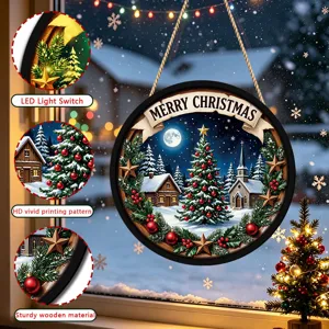 Christmas wooden hanging sign with LED lights, festive window hanging decor ornament.