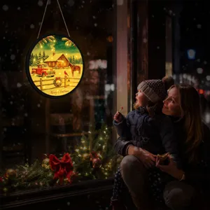 Round LED Christmas hanging sign festive light decor holiday window ornament with winter scene.