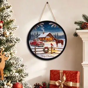 Christmas LED hanging sign round wooden wall decor holiday glowing ornament for window