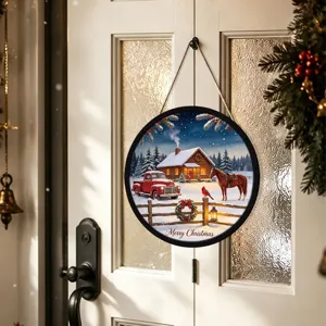 Detailed close-up view of the Christmas hanging sign showing the festive snowy village artwork.