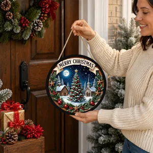 Christmas wooden hanging sign with LED lights, festive winter scene decor for window or door.