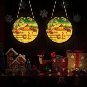 Christmas LED hanging sign lighted wooden round holiday window decor party decoration 2pcs