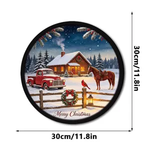 Christmas round hanging sign wooden wall decor winter snow scene red truck 30cm holiday