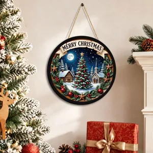 Christmas round hanging sign festive decorative wall plaque with snowy winter scene decor