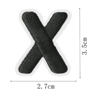 Detailed view of the black embroidered letter X patch, showing precise size dimensions.