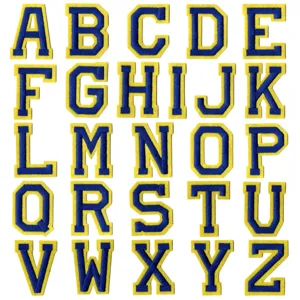 Écussons brodés lettres alphabet, patches thermocollants bleu jaune pour vêtements.