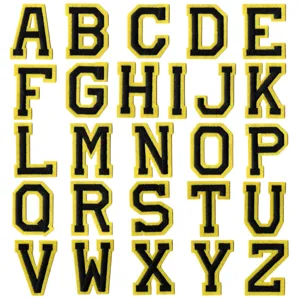 Patchs brodés lettres anglaises, style collège noir et jaune pour décoration de vêtements.