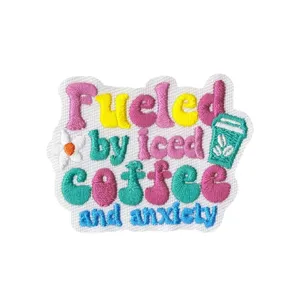 Funny embroidered iron-on patch featuring coffee quote badge appliques for clothing
