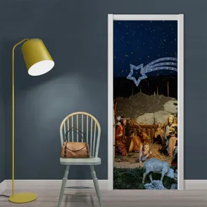 Noël Scène de Nativité 3D Autocollant de Porte Imperméable Mural Décoration Intérieur