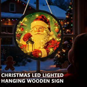 Christmas LED lighted hanging wooden sign festive holiday decoration window ornament